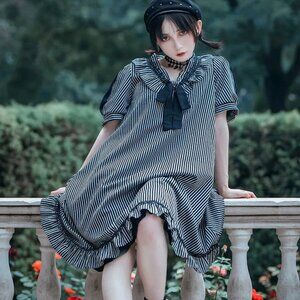 Striped Steampunk Gothic Style Short Puff Sleeves Dress